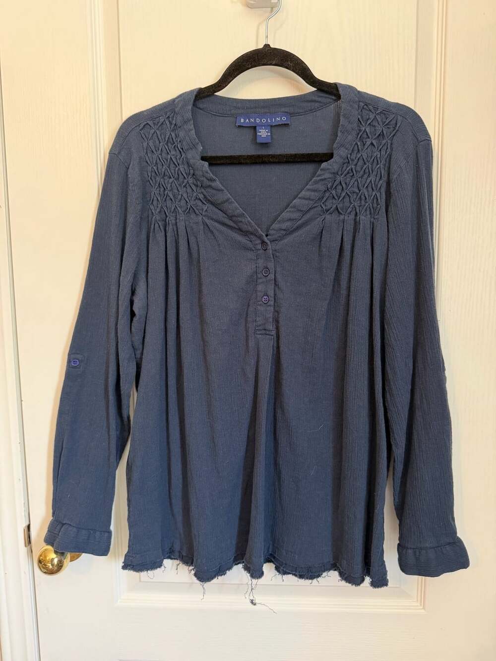 Bandolino Long Sleeve Button Blouse Size L Blue Smocked V-Neck